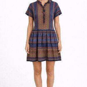 Boho Tribal Stripe Mini Dress Multicolor Folk Print Short Sleeve Festival Size L